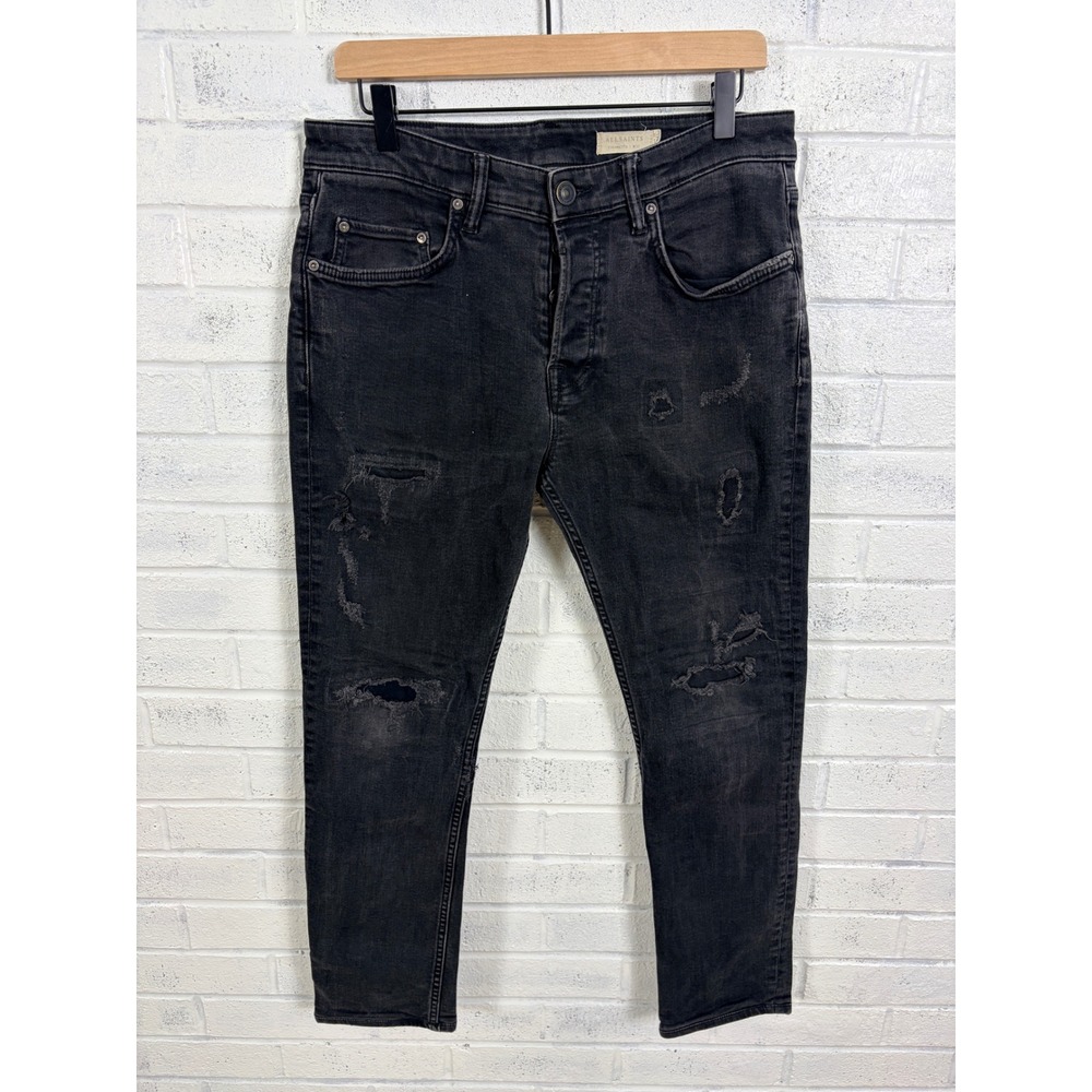 AllSaints Cigarette Jeans Mens 32 Black Distressed Slim Fit Denim Grunge